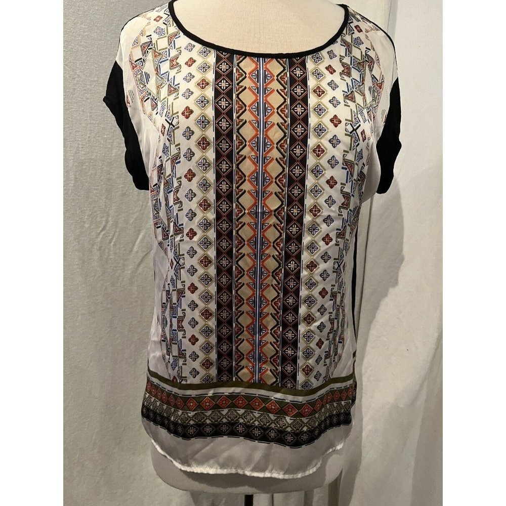danielrainn Woman's Blouse Rayon Size M Multicolor Geometric Design w Black Back